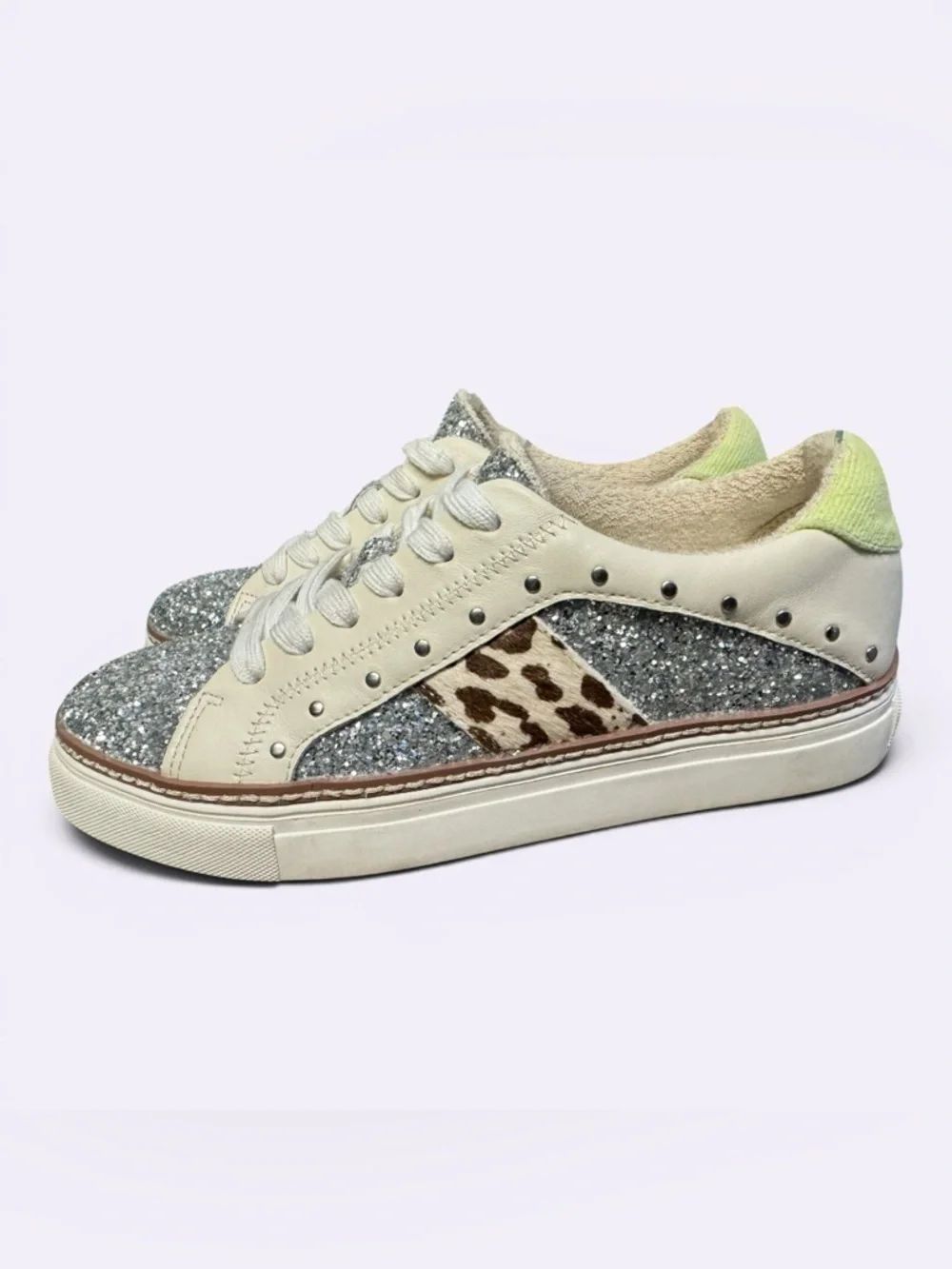 Crown Vintage Kalinda sneakers glitter, leopard print and stud accents Sz 7
